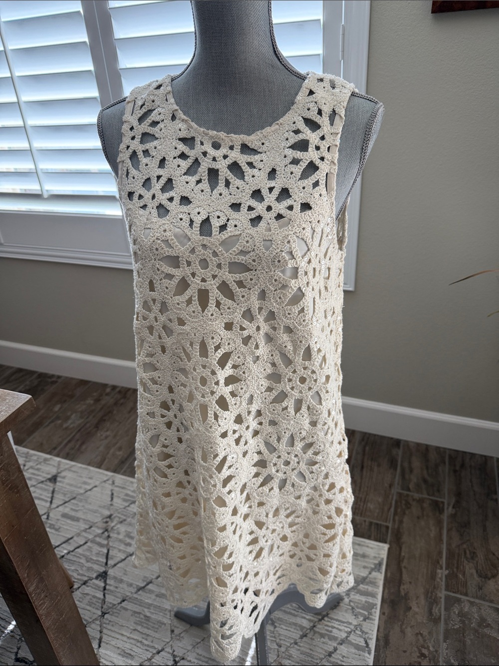 Sleeveless Crochet Lace Shift Dress in Cream